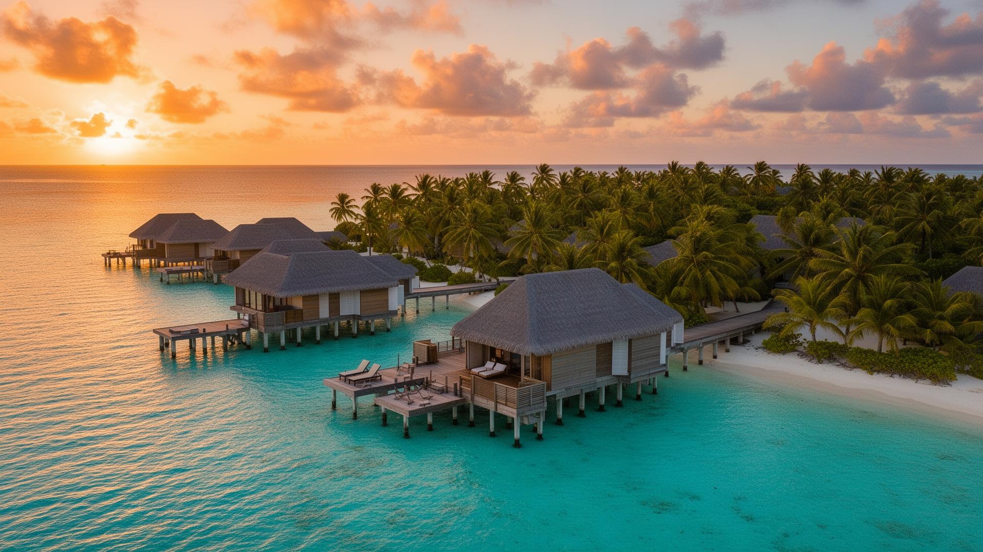 Maldives overwater villas at sunset